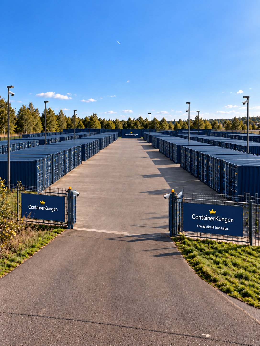 ContainerKungens inhägnade anläggning med rader av blå containrar, kameraövervakning och grind med ContainerKungen-skyltar